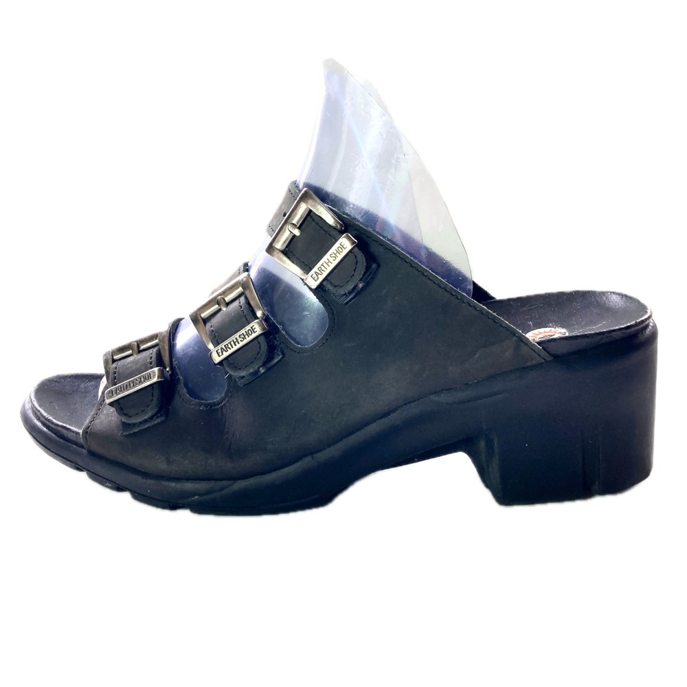 Earth Shoe Sandal‎ Womens 9 Cyclone Black Leather Buckle Strap Chunky Block Heel